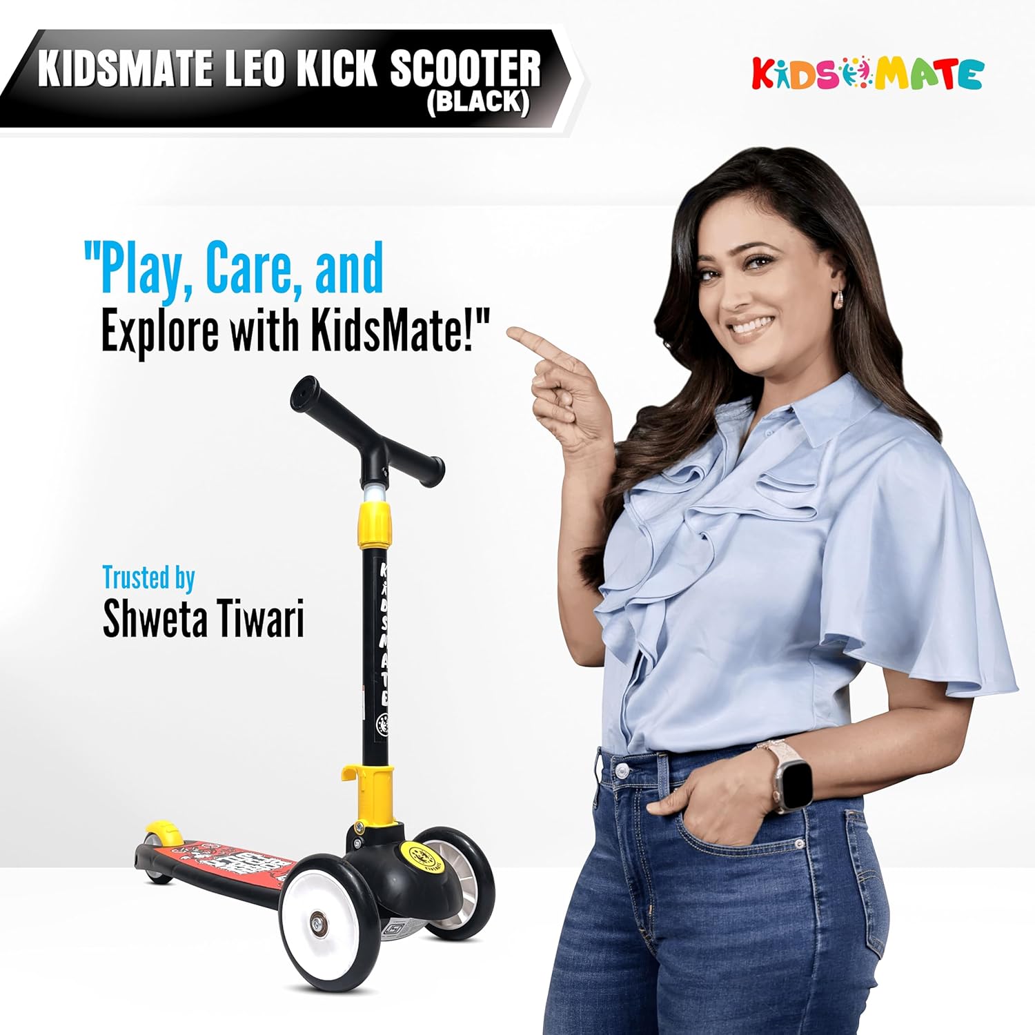 Kidsmate Leo Kick Scooter in black, designed for kids with 3 adjustable height settings, broad PVC wheels, and a reliable rare brake. Its foldable design makes storage and transport easy."